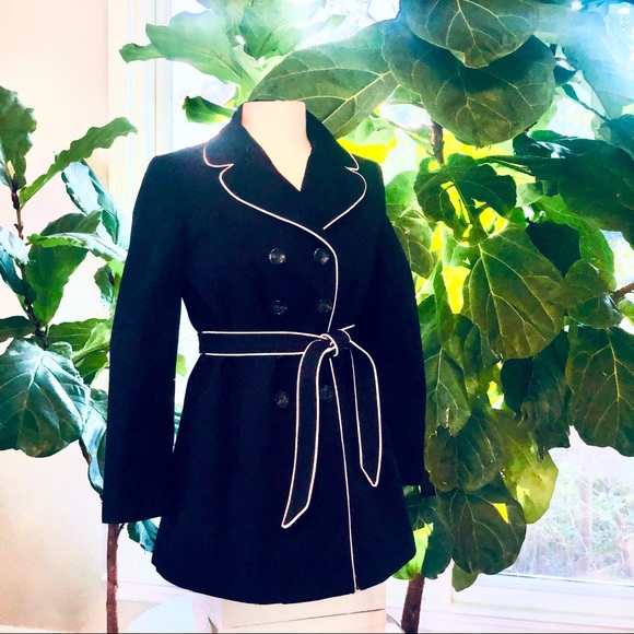 ANN TAYLOR TRENCH COAT NAVY BLUE WITH WHITE TRIM - Picture 2 of 5
